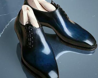 Handmade Men's  Blue and Black Genuine  Leather Oxford Dress  Shoes,