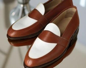Handmade Men's Brown and White Leather Slip-on Loafers.