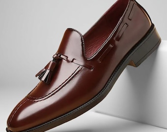 Handmade Men's Maroon Leather Tassel Loafer,