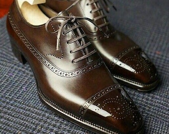 Handmade Men's Dark Brown Leather Oxford Cap-Toe Brogue Lace Up Formal Shoes.