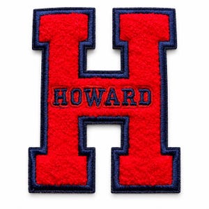 May include: A red felt letter H patch with a dark blue embroidered border and the word HOWARD stitched in dark blue capital letters across the center. The patch features a textured surface and a bold, block-style font for the letter and text.