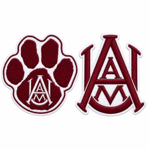 May include: Two embroidered patches featuring a maroon and white color scheme. One patch is shaped like a paw print with the letters A, M, and A intertwined in the center. The second patch features the letters A and M in a stylized monogram design.