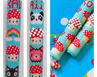 May include: Three beaded keychains with a blue background and white and red mushroom designs. The keychains feature different animal designs, including a panda, a pig, and a cat. The keychains are attached to a silver chain with a mushroom charm.