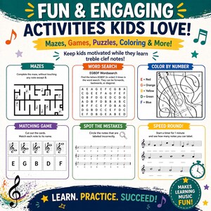 May include: A colorful educational activity sheet for kids with the text "FUN & ENGAGING ACTIVITIES KIDS LOVE!" featuring mazes, word searches, color-by-number, and matching games. The sheet includes musical notes and the phrase "MAKES LEARNING MUSIC FUN!"