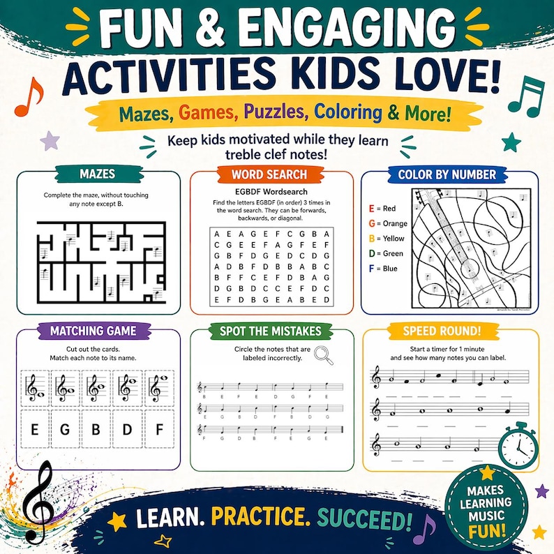 May include: A colorful educational activity sheet for kids with the text "FUN & ENGAGING ACTIVITIES KIDS LOVE!" featuring mazes, word searches, color-by-number, and matching games. The sheet includes musical notes and the phrase "MAKES LEARNING MUSIC FUN!"