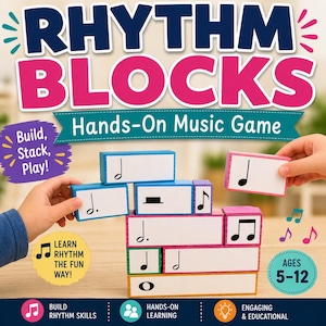 May include: A hands-on music game called Rhythm Blocks. The image shows colorful rectangular blocks with musical notes, stacked to form a tower. Text on the blocks reads "Build, Stack, Play!" and "Learn Rhythm the Fun Way!" The game is for ages 5-12.