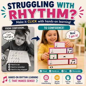 May include: An educational graphic with the text "STRUGGLING WITH RHYTHM?" shows a child struggling with music notes, then a child building with musical blocks. The image promotes hands-on rhythm learning.