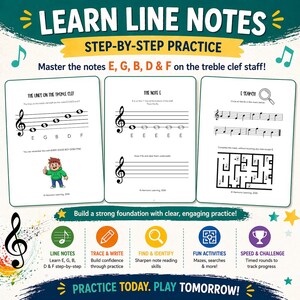 May include: Educational music learning materials with the text "Learn Line Notes Step-by-Step Practice." The image features worksheets with musical notes, treble clef symbols, and a maze. The color scheme includes blue, green, and yellow.