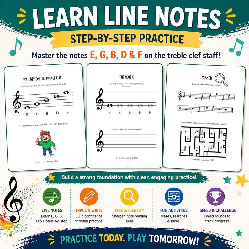 May include: Educational music learning materials with the text "Learn Line Notes Step-by-Step Practice." The image features worksheets with musical notes, treble clef symbols, and a maze. The color scheme includes blue, green, and yellow.