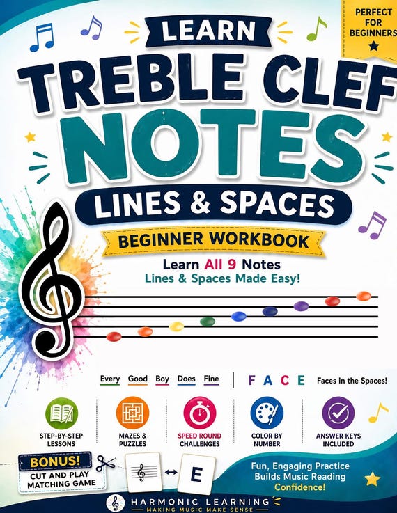 Learn Treble Clef Notes Fast | Beginner Piano Worksheets for Kids | Music Theory Workbook | Note Reading Practice | Homeschool Music