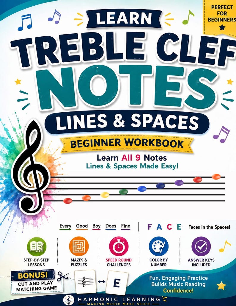 May include: A workbook titled "Learn Treble Clef Notes Lines & Spaces" with a treble clef graphic and musical notes. The cover includes text such as "Beginner Workbook" and "Learn All 9 Notes." Additional icons indicate step-by-step lessons, mazes, and answer keys.