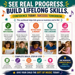 May include: A colorful educational workbook with the text "SEE REAL PROGRESS. BUILD LIFELONG SKILLS." It features children learning music, with sections on note reading, confidence, focus, and fun. The workbook promises complete skills and endless possibilities.