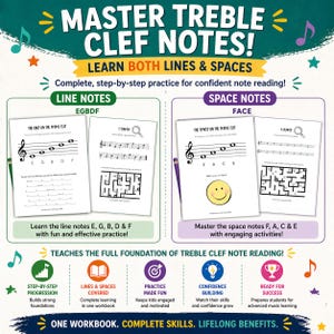 May include: A colorful educational poster titled "MASTER TREBLE CLEF NOTES!" with text and illustrations. It teaches note reading, covering lines and spaces. Includes practice exercises and engaging activities for music students.