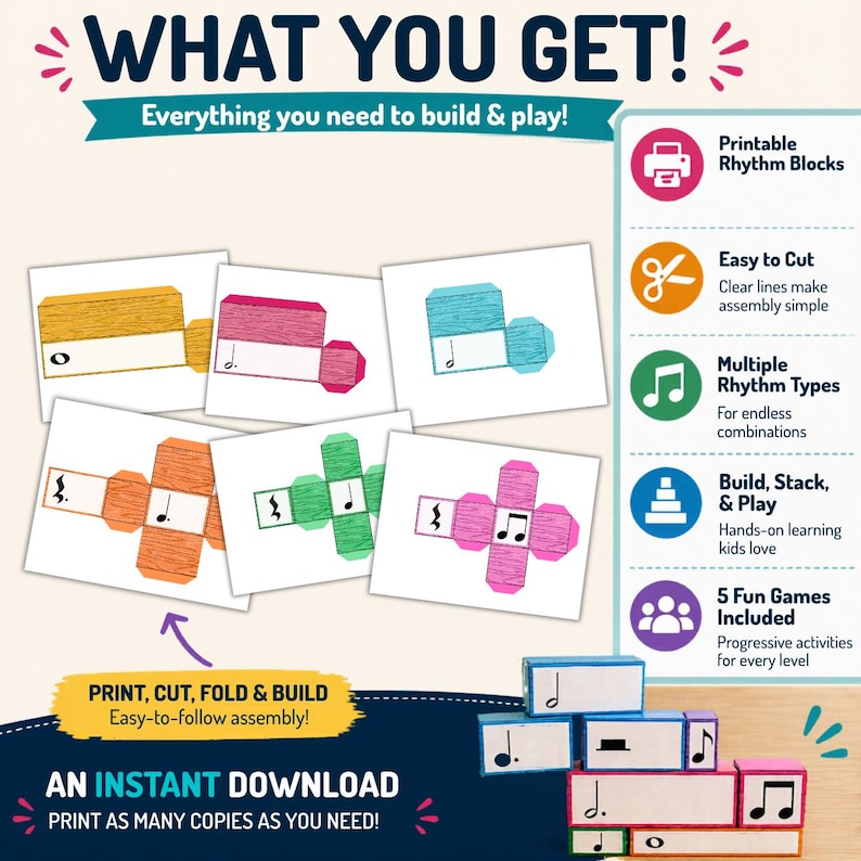 May include: Printable rhythm block set with various colours and musical notes. Includes instructions to print, cut, fold, and build. Features multiple rhythm types and 5 fun games. An instant download for hands-on learning.