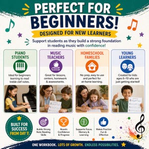 May include: A colorful graphic promoting a music workbook for beginners. The design features text, illustrations, and icons, including musical notes, a piano, and children. The workbook is designed for piano students, music teachers, homeschool families, and young learners.