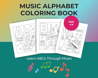 Kolorowanki z alfabetem muzycznym dla dzieci | Kolorowanka z muzyką ABC | Aktywności edukacyjne dla przedszkolaków | Muzyka do druku w domu | Wiek 4-8 lat