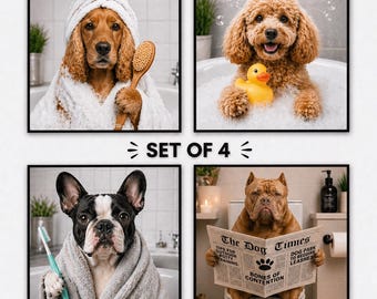 May include: Set of four framed prints featuring dogs in humorous bathroom scenes. One dog is in a bathtub with a rubber duck, another is wrapped in a towel with a toothbrush, and another is reading a newspaper.