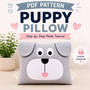May include: A gray puppy pillow with white polka dots, featuring a dog face design with large eyes, a black nose, and a pink tongue. The pillow has floppy ears and is rectangular. Text on the image reads "PDF Pattern Puppy Pillow Step-by-Step Photo Tutorial."