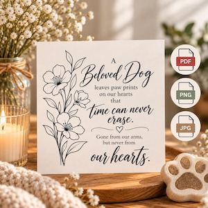 May include: A square white sign with black text that reads: A Beloved Dog leaves paw prints on our hearts that time can never erase. Gone from our arms, but never from our hearts. The sign features a black line drawing of flowers.