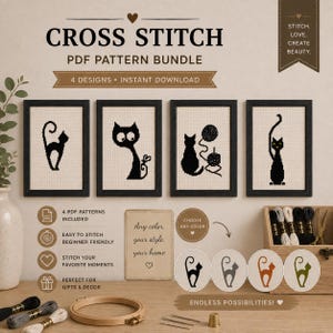 May include: A cross stitch PDF pattern bundle featuring four black cat designs in black frames. The set includes text stating CROSS STITCH PDF PATTERN BUNDLE, 4 DESIGNS, INSTANT DOWNLOAD, and STITCH. LOVE. CREATE BEAUTY. Includes embroidery hoops and thread.