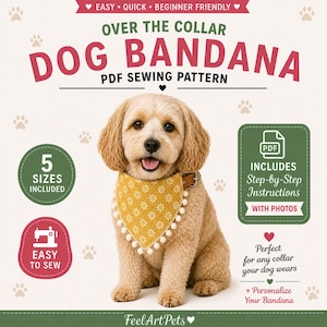 Puede incluir: Un perro con un pañuelo amarillo con estampado floral y ribete de pompones blancos. La imagen incluye texto: "Over the Collar Dog Bandana PDF Sewing Pattern", "Fácil de coser", "5 tallas incluidas" e "Incluye instrucciones paso a paso con fotos".