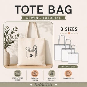 Op de afbeelding: Een naaicursus voor een tote bag met een crèmekleurige canvas tas met een zwarte lijntekening van een hondenbot, bal, riem en pootafdruk. De afbeelding bevat de tekst TOTE BAG, SEWING TUTORIAL, 3 SIZES en PDF PATTERN.