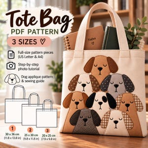 Op de afbeelding: Een crèmekleurige canvas tas met een applicatieontwerp van zeven gestileerde honden met diverse bruine, grijze en zwarte patronen. De afbeelding bevat tekst voor een PDF-patroon, drie maten in cm en iconen voor een stap-voor-stap naaigids.