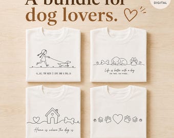 May include: A set of four white t-shirts featuring black line art designs. The shirts display illustrations of a person walking a dog, a sleeping dog with a bone and paw print, a dog house with a bone, and a row of paw prints with a heart.