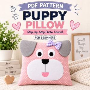 May include: A pink polka dot square pillow shaped like a puppy face with gray ears, a white muzzle, black eyes, a black nose, and a pink mouth. A purple and white gingham bow is attached to one ear. Text reads PDF PATTERN PUPPY PILLOW.
