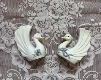 Swan Salt and pepper shakers- Vintage Blue Ribbon and Floral Design- Ceramic Swans