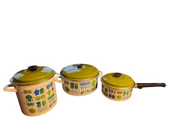 Conjunto de panelas de esmalte vintage GHC com estampa floral retrô verde (usado)