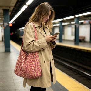 Puede incluir: En esta imagen se muestra una gabardina beige y un bolso tote rosa con estampado de leopardo. El bolso se lleva sobre el hombro. La persona está en una estación de metro, mirando un teléfono.
