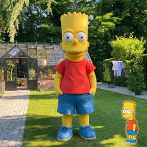 Puede incluir: Un disfraz de Bart Simpson, con cabeza y cuerpo amarillos, camiseta roja, pantalones cortos azules y zapatos azules. El disfraz está sobre hierba verde, con un invernadero y árboles al fondo.