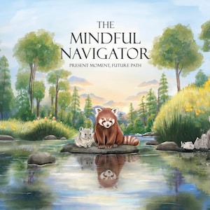 Könnte beinhalten: Eine Illustration im Aquarellstil mit einem Roten Panda und einem kleinen Nagetier auf einem Felsen in einem Fluss. Der Text lautet THE MINDFUL NAVIGATOR PRESENT MOMENT, FUTURE PATH. Die Szene zeigt grüne Bäume, gelbe Blumen und einen sanften Himmel.