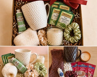 Caja de regalo acogedora para el autocuidado / Taza texturizada, calcetines suaves, vela, té, crema de manos