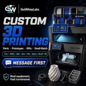 May include: A 3D printer with the text "CUSTOM 3D PRINTING" and "MESSAGE FIRST". The image shows a variety of 3D-printed objects, including a vase and a gear. The printer is a Qidi Max 4 model.