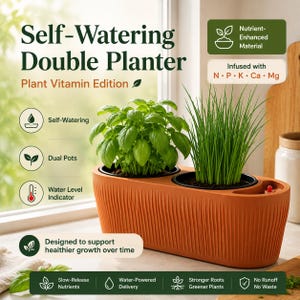 May include: An orange self-watering double planter with two pots, one with basil and the other with chives. The planter has a water level indicator and is designed to support healthier growth. The text on the planter says "Plant Vitamin Edition".