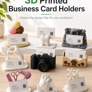 May include: A collection of 3D printed business card holders featuring various designs including an ice cream scoop, a tooth, a mechanical engine, a hand, a camera, paw prints, salon tools, a heart, and DNA strands, all holding white cards.