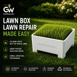 May include: A white, 3D-printed lawn box filled with green grass, set against a backdrop of green grass and foliage. The text on the box reads "Lawn Box Lawn Repair Made Easy" and "GuiWheyLabs". Additional text highlights features like UV resistance and reusability.