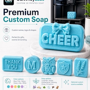 May include: A collection of light blue custom soaps with various shapes and designs. One soap says "CHEER" with a bow, others say "THANK YOU" and feature an owl, a shield, and wheat. The image also shows color and scent options.
