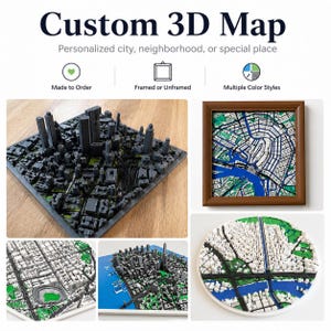 May include: The image displays custom 3D maps, including a grey cityscape model and a framed map with blue and green details. The text reads "Custom 3D Map" and highlights personalization options for cities and neighbourhoods. Maps are available framed or unframed.