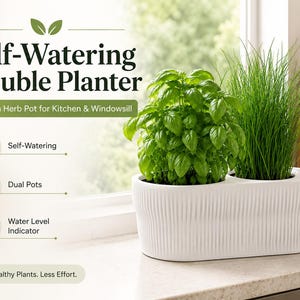 May include: A white self-watering double planter, holding basil and chives. The planter has a ribbed design and the text "Self-Watering Double Planter" is visible. It's a modern herb pot for the kitchen or windowsill. The planter is on a countertop.