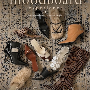 May include: An assortment of fashionable footwear, including heels, boots, and sandals, displayed on a patterned rug. The image showcases a range of textures and colours, highlighting the diverse shoe designs. Text on the image reads "the moodboard experience".