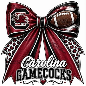 May include: A decorative bow graphic featuring a maroon and black color scheme with a South Carolina Gamecocks logo, a brown football, and a leopard print pattern. The text Carolina GAMECOCKS is displayed in white with a black outline.