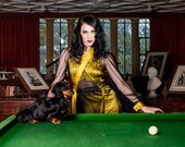 1930s style black dotted net and chartreuse silk lounging robe/dressing gown - bring out your inner pinup girl - Great Mother's Day Gift