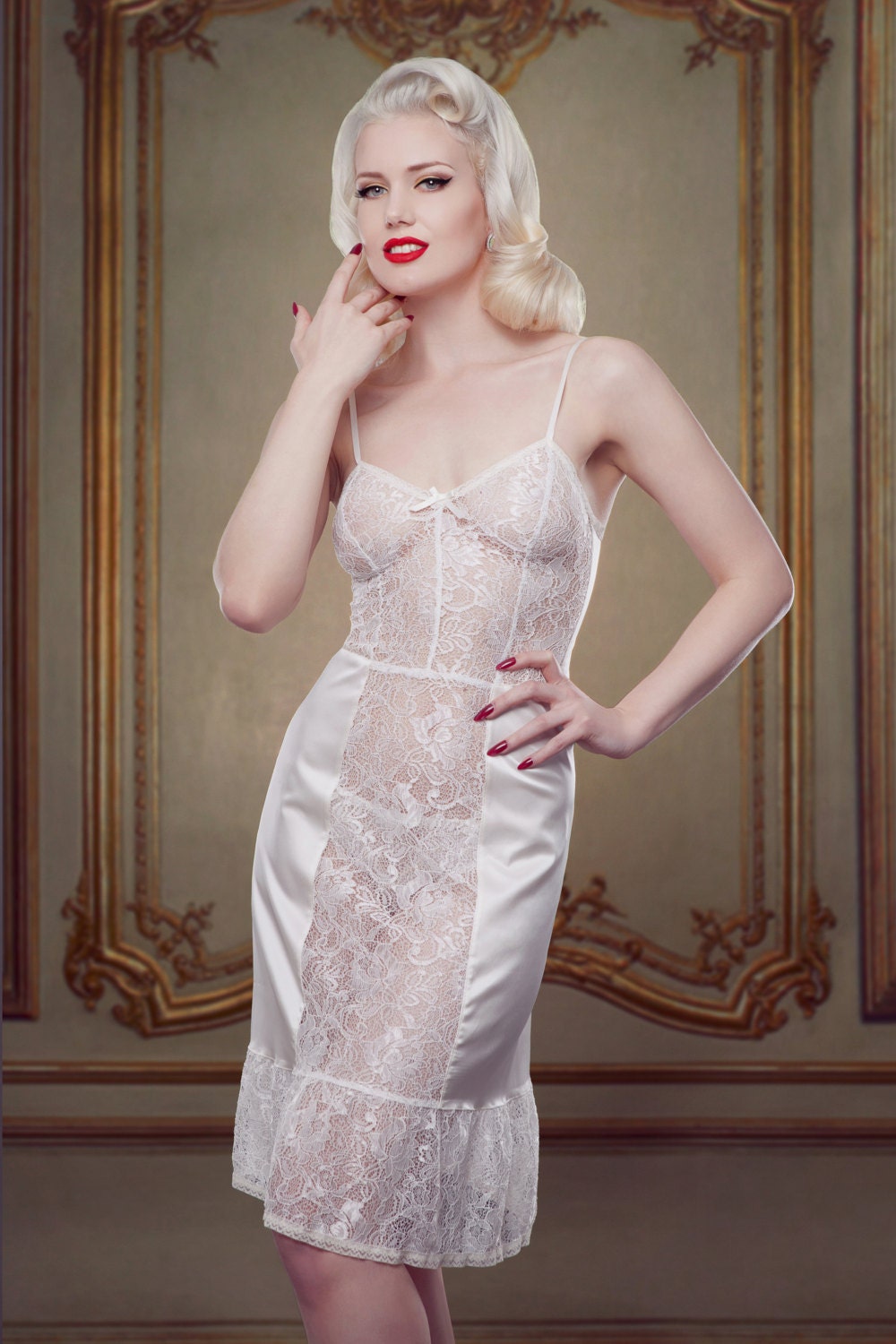 Wedding Dress Slip, Ivory Lace and Silk Satin Lingerie Slip Petticoat,  Inspired by Marilyn Monroe, Pin-up Girl, Retro, Vintage Style. 