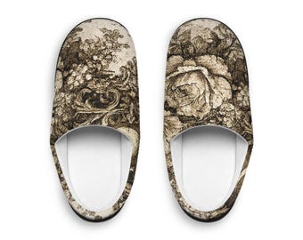 Pantuflas de interior con estampado de rosas sepia vintage / Zapatillas de casa acogedoras con estampado floral