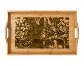 Bandeja de bambú para servir / Diseño floral grabado con armadura de caballero, asas integradas