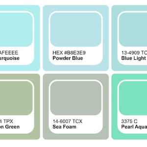 May include: A color palette chart featuring six rectangular swatches with rounded corners. Each swatch displays a specific color name and code: Pale Turquoise HEX #AFEEEE, Powder Blue HEX #B8E3E9, Blue Light 13-4909 TCX, Celadon Green 14-0114 TPX, Sea Foam 14-6007 TCX, and Pearl Aqua 3375 C.