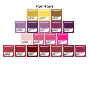 Op de afbeelding: Een kleurenpalet met de titel Accent Colors met eenentwintig vierkante stalen gerangschikt in vier rijen. Elk staal toont een unieke kleur, de bijbehorende TCX- of HEX-code en een beschrijvende naam zoals Ceylon Yellow, Plum, Rose of Merlot.